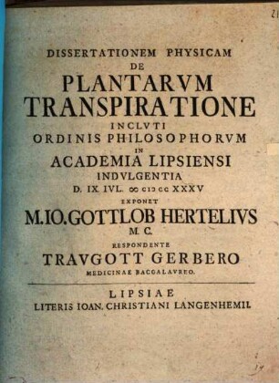 Dissertationem Physicam De Plantarvm Transpiratione