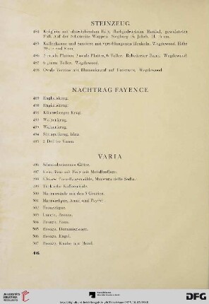 Steinzeug (Nr. 484-488) Nachtrag Fayence (Nr. 489-495)