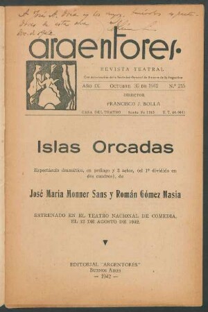 1942021500: Islas Orcadas : espectáculo dramático, en prólogo y 3 actos, (el 1° dividido en dos cuadros)