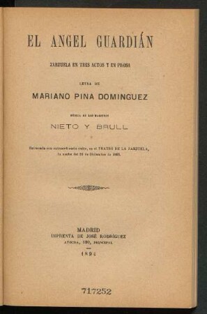 El angel guardián : zarzuela en tres actos y en prosa