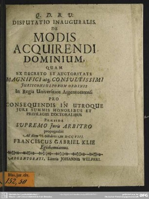 Dispuatio Inauguralis. De Modis Acquirendi Dominium
