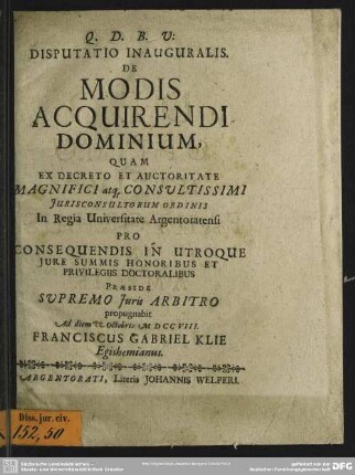Dispuatio Inauguralis. De Modis Acquirendi Dominium