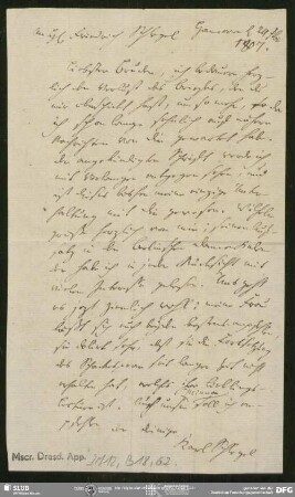 Eigenh. Brief von Johann Carl Fürchtegott Schlegel an Friedrich von Schlegel mit NS von Julie Schlegel, Hannover, 24.02.1807