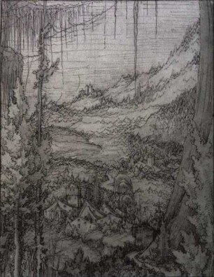 Blick abwärts in eine Tallandschaft