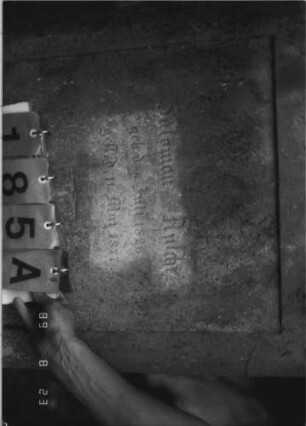 Grabstein 185 (Index: 100110621) Material: Sandstein Zustand: leicht verwittert, Giebel beschädigt Maße HxBxT: 153x69x17 cm Beschreibung: Stele, Sockel, Rundbogenabschluß mit Verdachung, Schriftfelder eingetieft: Grabstein 185A
