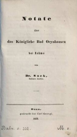 Notate über das Königliche Bad Oeynhausen bei Rehme