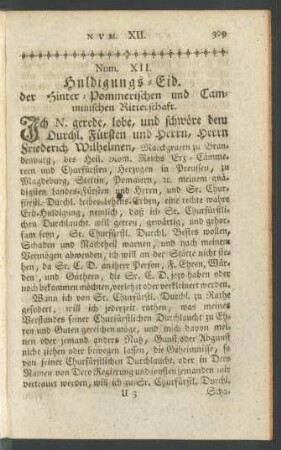 Num. XII. Huldigungs-Eid. der Hinter-Pommerischen und Camminischen Ritterschaft