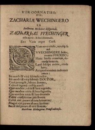 Vir Oornatiss: Dn. Zachariae Wechingero ....