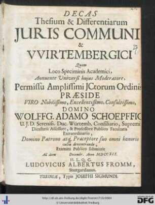Decas Thesium Et Differentiarum Juris Communis & VVirtembergici