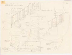 Wohnhaus Böhmer, Heidelberg: Treppe: Grundriss, Ansichten, Schnitt 1:10, Treppengeländer: Details 1:1
