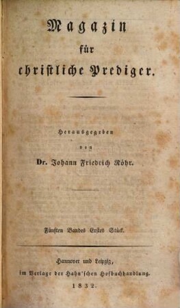 Magazin für christliche Prediger. 5. 1832