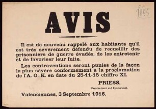 "Avis." Verbot der Verbergung entflohener Kriegsgefangener
