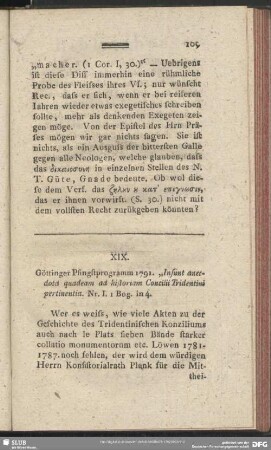 XIX. Göttinger Pfingsprogramm 1791. "Insunt anecdota quadeam ad historiam Concilii Tridentini pertinentia. Nr. 1. 1 Bog. in 4.