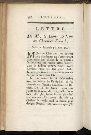 Lettre De Mr. le Comte de Saxe au Chevalier Folard, Ecrite de Prague le 28. Nov. 1741.