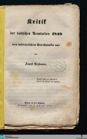 Kritik der badischen Revolution 1849 von militärischem Standpunkte aus