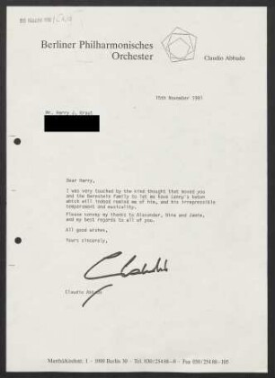 Brief an Harry John Kraut, 15.11.1991