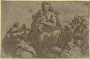 Madonna mit Kind in Wolken, von Engeln umgeben