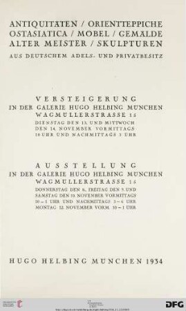 Antiquitäten, Orientteppiche, Ostasiatica, Möbel, Gemälde alter Meister, Skulpturen - aus deutschem Adels- und Privatbesitz : 13. und 14. November 1934