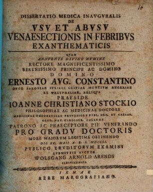 Dissertatio Medica Inavgvralis De Vsv Et Abvsv Venaesectionis In Febribvs Exanthematicis