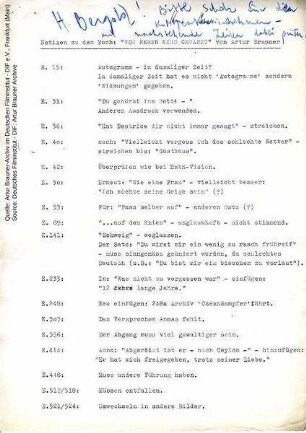 Notizen zum Drehbuch von Artur Brauner