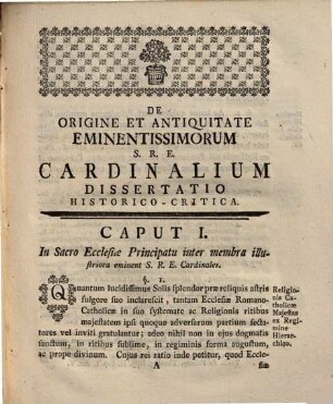 De Origine Et Antiquitate Eminentissimorum S.R.E. Cardinalium Dissertatio Historico-Critica