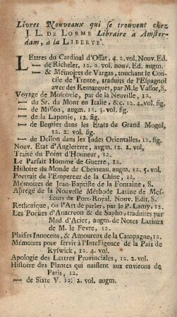 Livres nouveaux que se trouvent chez J. L. De Lorme Libraire à Amsterdam, à la Libertè