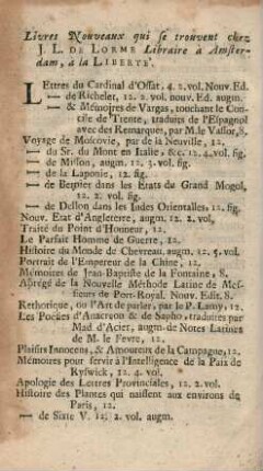 Livres nouveaux que se trouvent chez J. L. De Lorme Libraire à Amsterdam, à la Libertè
