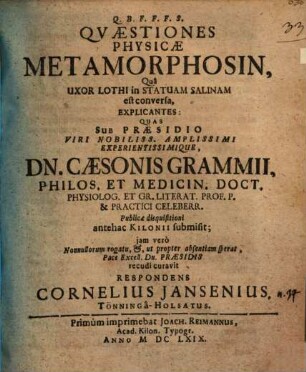 Quaestiones Physicae Metamorphosin, Qua Uxor Lothi in Statuam Salinam est conversa, Explicantes
