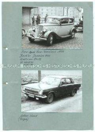 Bild-Dokumentation aus 24 Tafeln mit aufgeklebten Fotos von historischen Fahrzeugen (Recherche-Material für DEFA-Filme)