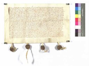 Brant von Saunsheim verkauft an Kraft und Gottfried von Hohenlohe den Hof zu Rod (Rot); Siegel: Brant von Saunsheim, Dietrich Geyer, Conrad Geyer und Conrad Martin (siehe Weller, HoU/III/S. 612 Nr. 480).