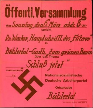 Versammlung der NSDAP-Ortsgruppe Bühlertal: Schluß jetzt!
