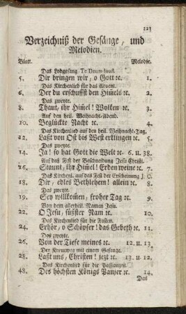 Verzeichniß der Gesänge, und Melodien.