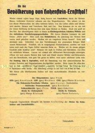 Aufruf des Bürgermeisters und der Parteien von Hohenstein-Ernstthal zur Sammlung von Kleidung und Haushaltsgegenständen für Umsiedler