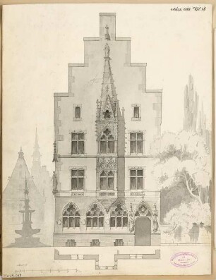 Erker und Portal Monatskonkurrenz März 1886: Fassadengrundriss, Aufriss Vorderansicht 1:75; Maßstabsleiste