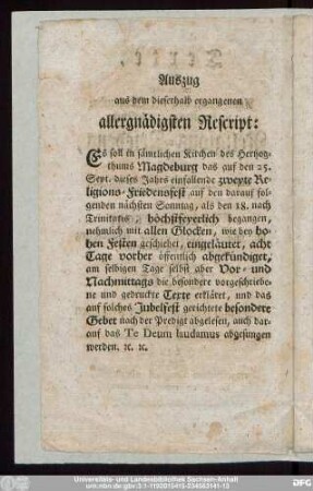 Auszug aus dem dieserhalb ergangenen allergnädigsten Rescript: