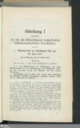 Abteilung I enthaltend die für alle Elbuferstaaten maßgebenden schiffahrtspolizeilichen Vorschriften