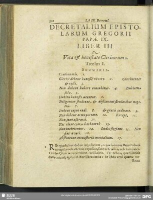 Decretalium Epistolarum Gregorii Papae IX. Liber III. De Vita & honestate Clericorum
