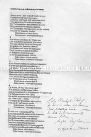 Gedicht von Wolf Biermann über die deutsche Einheit mit Widmung des Verfassers für Christoph Stölzl