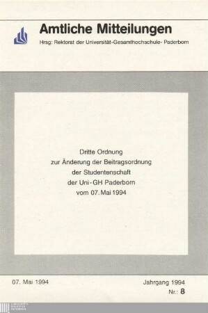 Dritte Ordnung zur Änderung der Beitragsordnung der Studentenschaft der Uni-GH Paderborn : vom 07. Mai 1994