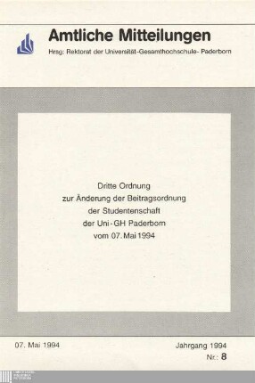 Dritte Ordnung zur Änderung der Beitragsordnung der Studentenschaft der Uni-GH Paderborn : vom 07. Mai 1994