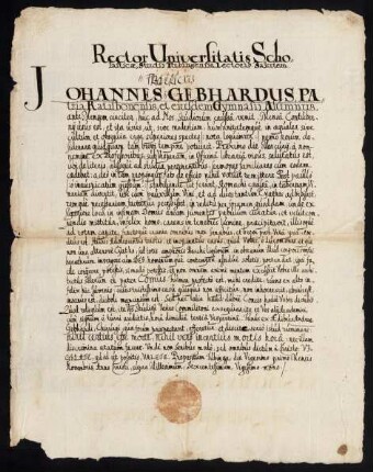 Todesanzeige des Johannes Gebhardus aus Regensburg, 1629.
