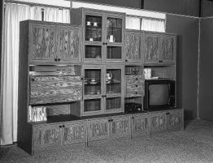 Anbauwand Ribnitz : Ribnitz-Damgarten. VEB Möbelkombinat Ribnitz-Damgarten. Hausmesse, 1986. Anbauwand Ribnitz. Holz, folienbeschichtet in Eichenholzoptik (1986; VEB Möbelkombinat Ribnitz-Damgarten)