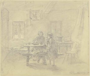 Bauernstube, zwei Maler beim Kaffee, der eine raucht eine Pfeife, der andere eine Zigarre