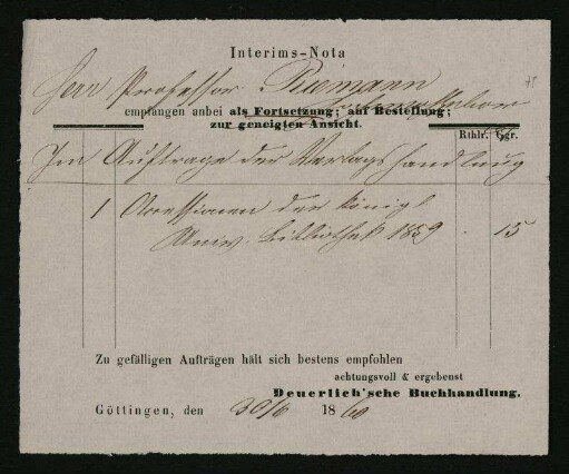 Interims-Nota [...] [Rechnung]