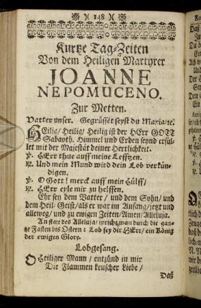 Kurtze Tag-Zeiten Von dem Heiligen Martyrer Joanne Nepomuceno.