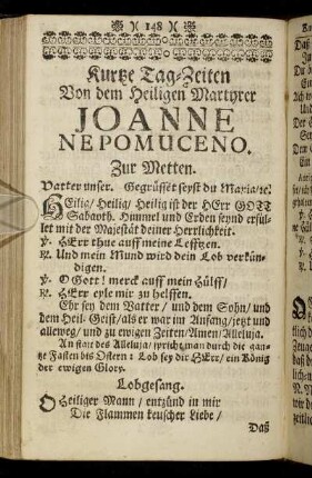 Kurtze Tag-Zeiten Von dem Heiligen Martyrer Joanne Nepomuceno.