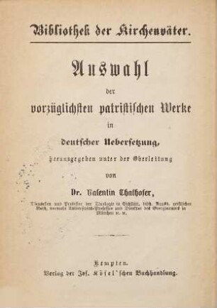 Bibliothek der Kirchenväter : eine Auswahl patristischer Werke in deutscher Übersetzung, 57