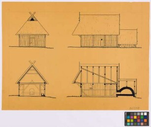 Bergen (Landkreis Celle): Ohlhof. Backhaus (erbaut 1790) (Giebel-Ansicht, Seiten-Ansicht, Querschnitt, Längsschnitt)