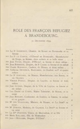 Role des françois refugiez à Brandebourg. 31 décembre 1699