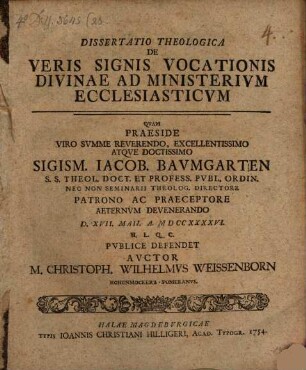 Diss. theol. de veris signis vocationis divinae ad ministerium ecclesiasticum